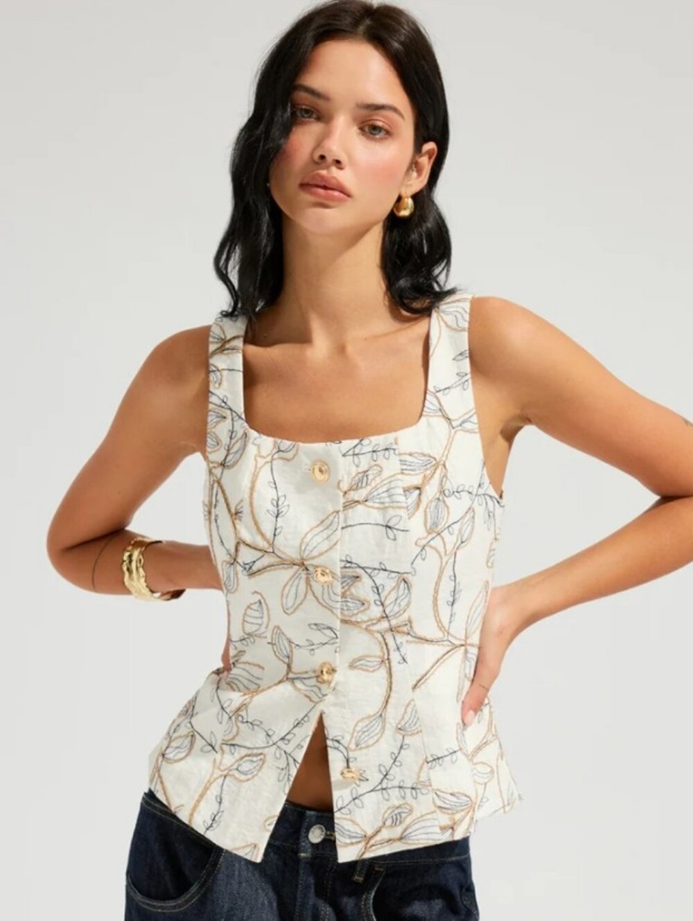 Embroidered Floral Square Neck Tank Top